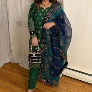 Elegant Green and Blue Pakistani Embroidered Maria B Outfit